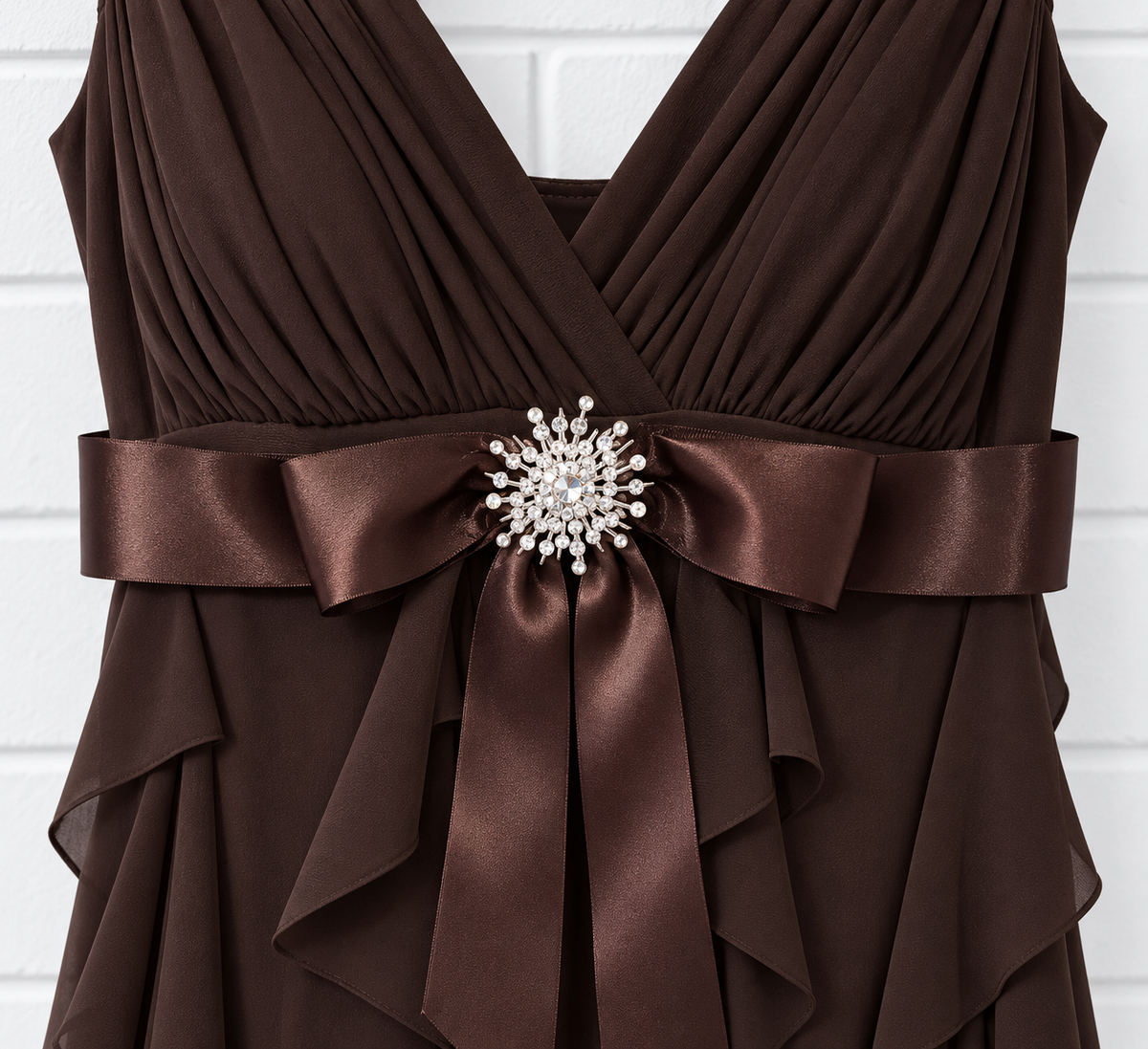 Betsy & Adam by Linda Bernell Vertical Ruffle Brooch Gown- 8