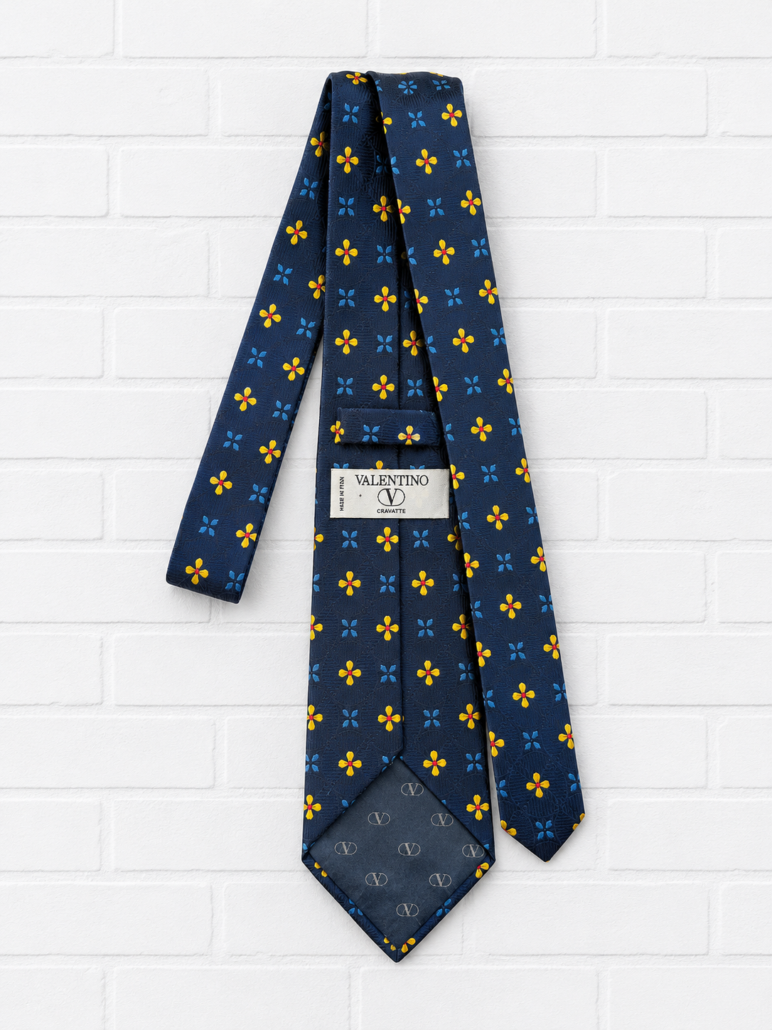 Valentino Geometric Floral Silk Necktie – Navy Blue & Yellow