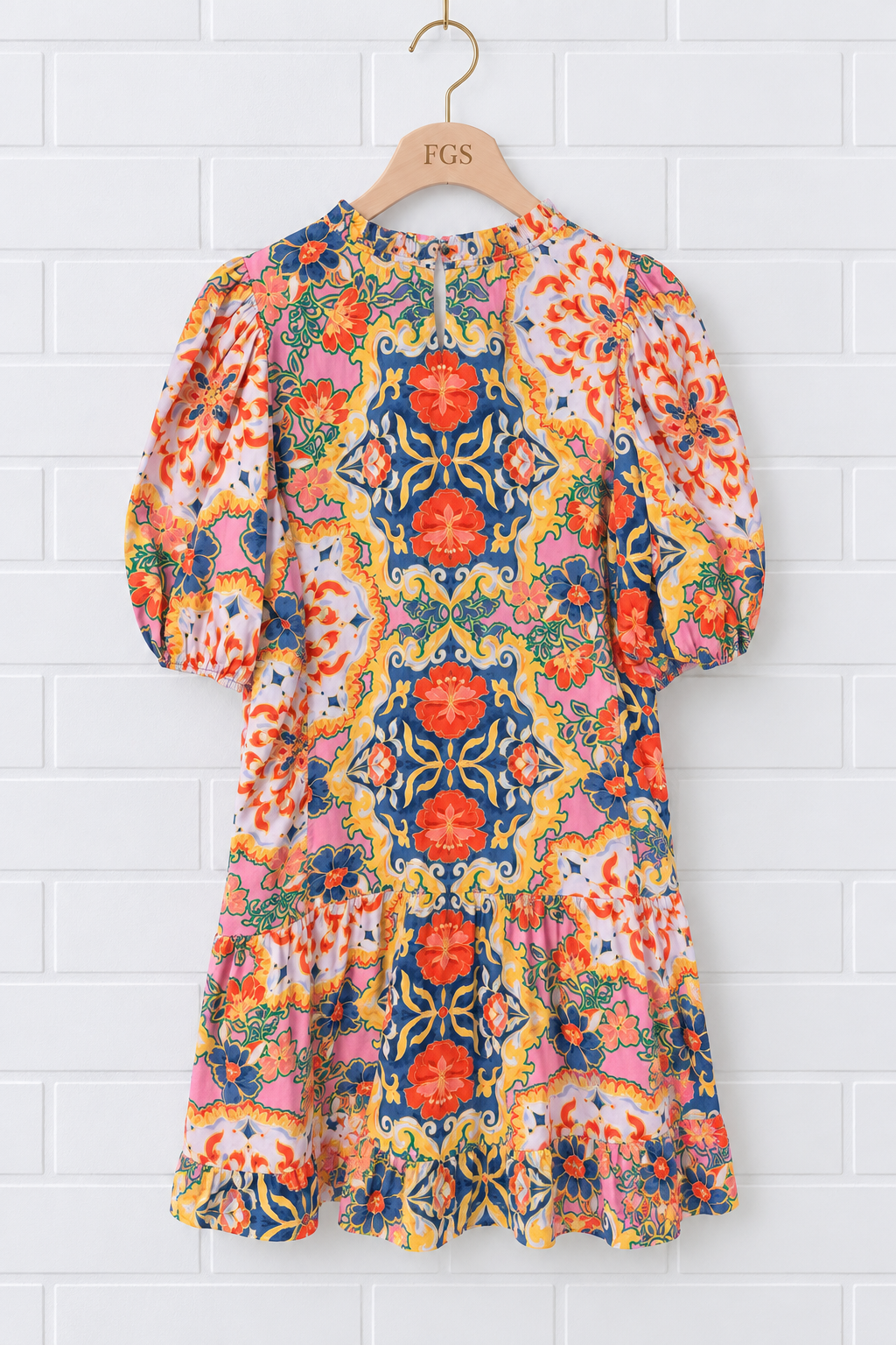 Vince Camuto Printed Ruffle Neck Tie-Waist A-Line Dress- 12