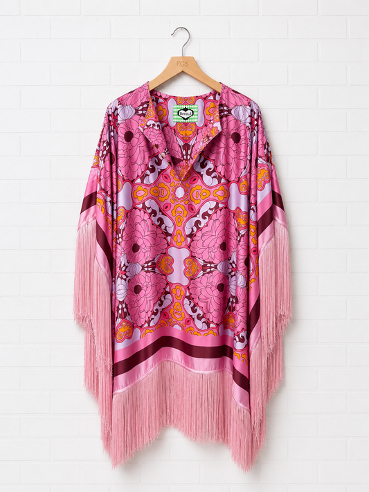 Nuvula Pink Floral Fringed Short Kaftan Dress- M