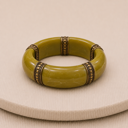 Vintage Olive Green Bakelite Embellished Wide Bangle