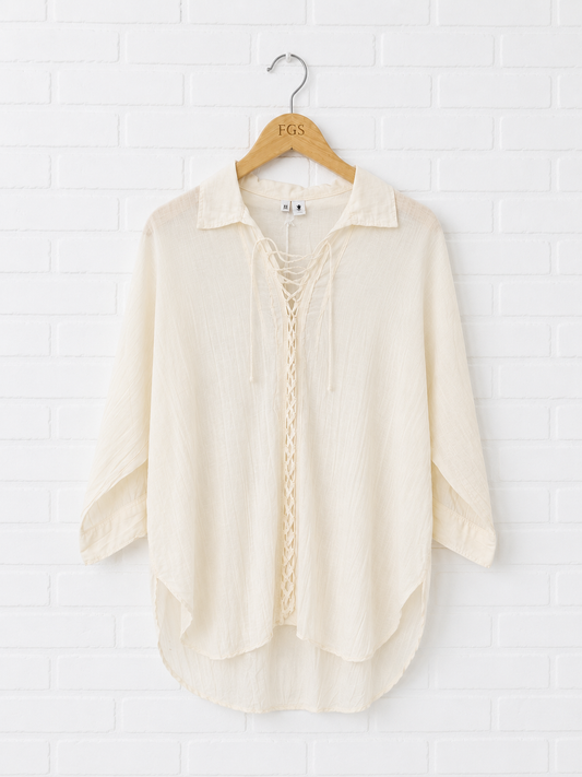 European Culture Lace Up Peasant Blouse- XL