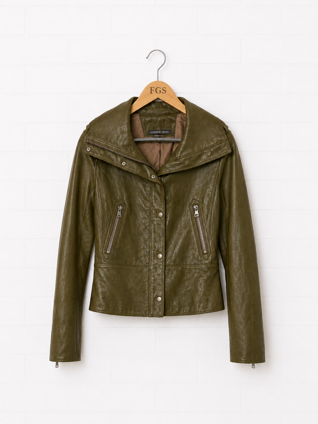 Andrew Marc Olive Leather Moto Jacket - L