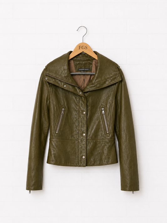 Andrew Marc Olive Leather Moto Jacket - L