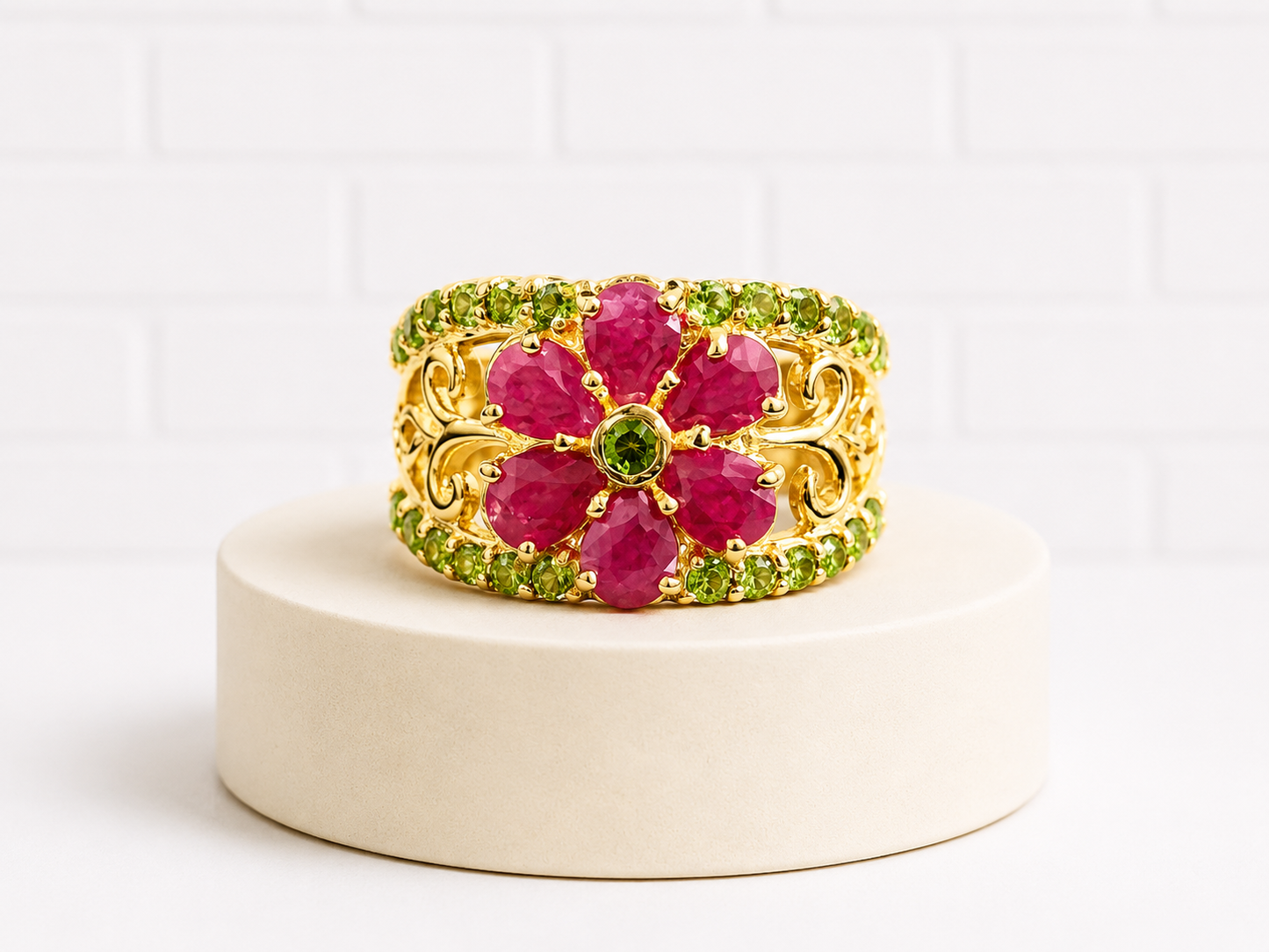 Sterling Silver Floral Ruby & Tsavorite Ring — Size 9