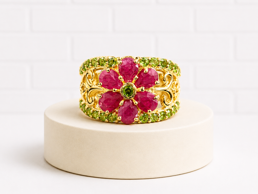 Sterling Silver Floral Ruby & Tsavorite Ring — Size 9