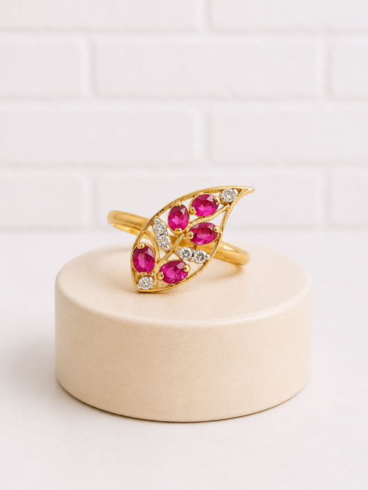 18K Gold Ruby & Diamond Leaf Ring — Size 6