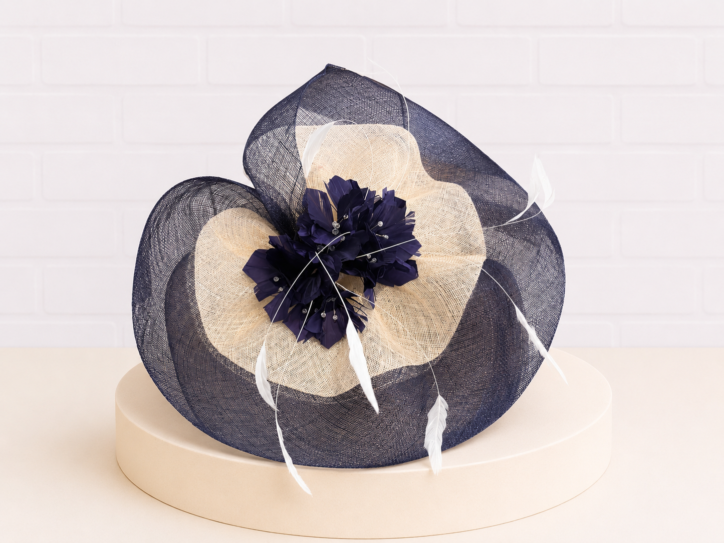 Laurence Navy Sinamay Platter Hat with Feathers, Flowers & Gems