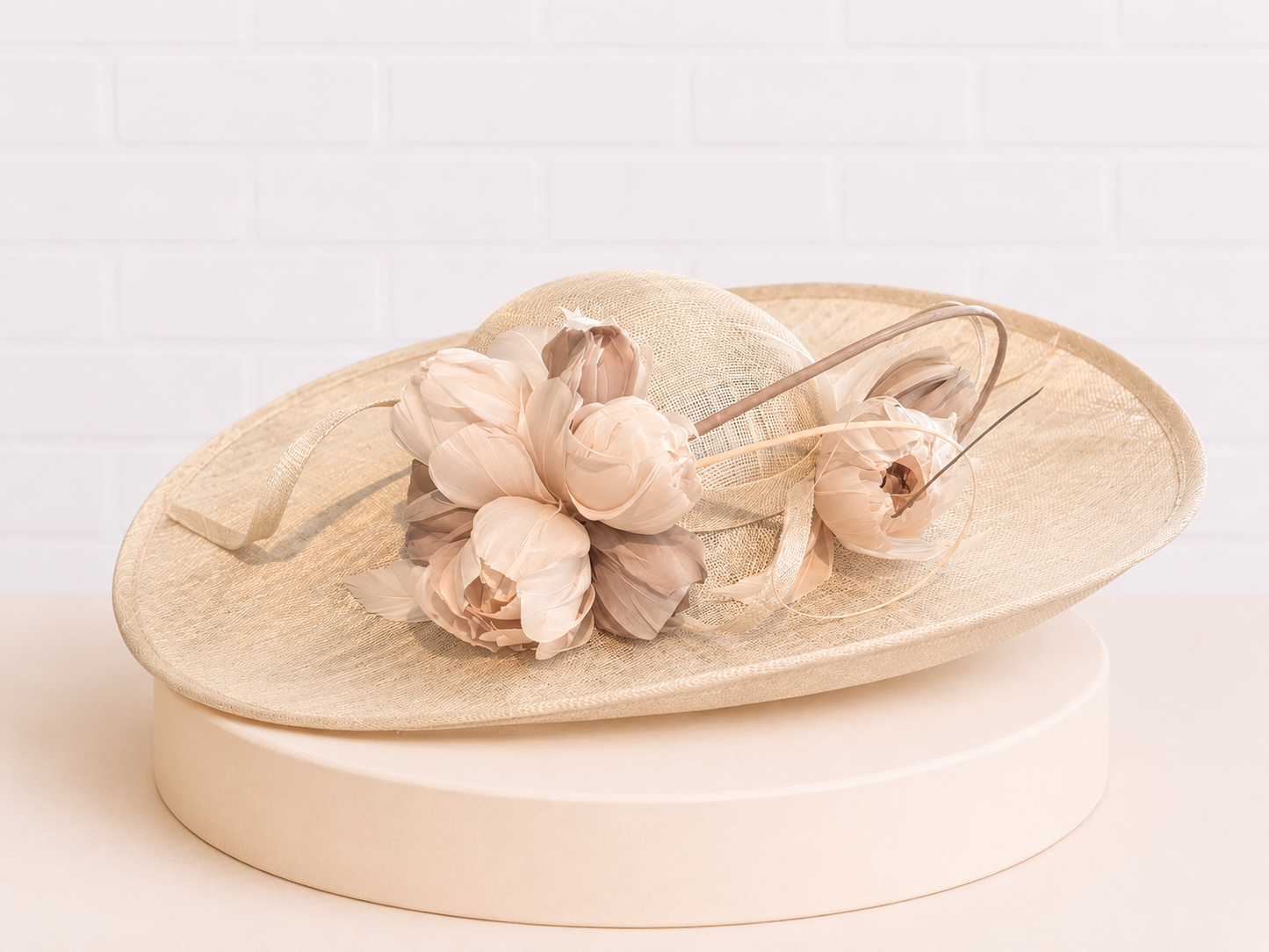 Amelia Cream Sinamay Hatinator with Feathers, Roses & Quill