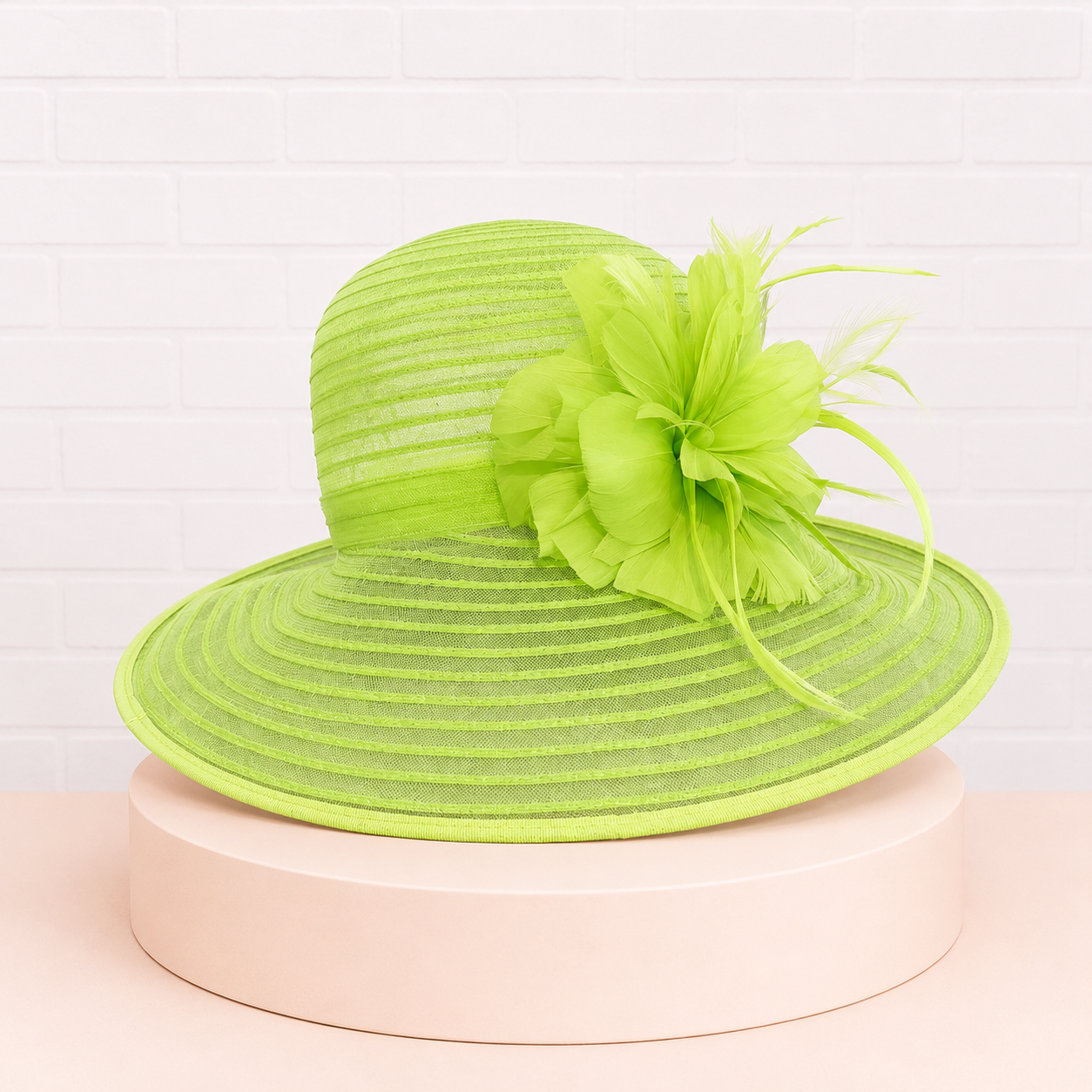 Ethel Lime Dress Hat with Tonal Feather Flower Detail