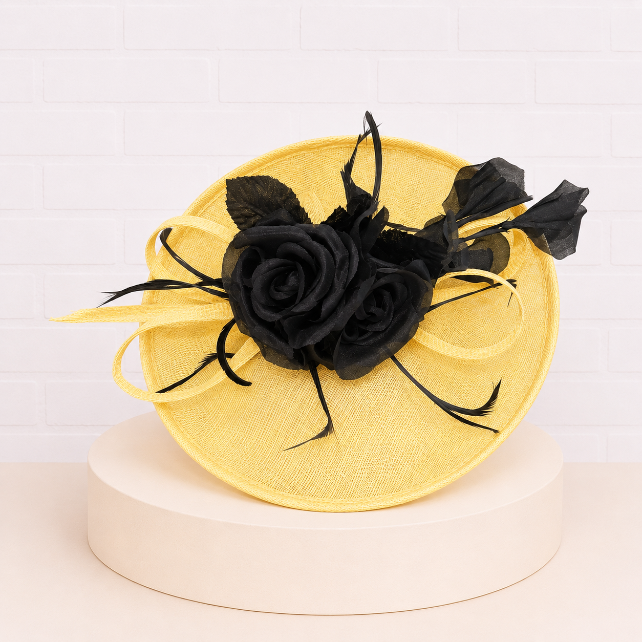 Cynthia Yellow Sinamay Pillbox Hat with Silk Flowers & Feathers