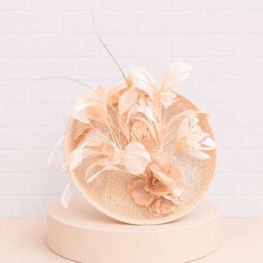 Augusta Blush Sinamay Hat with Shimmer Loops & Silk Feathers