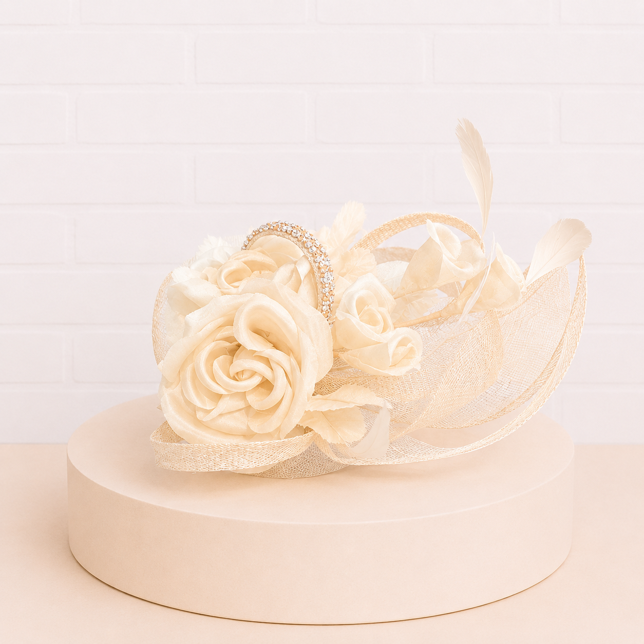 Birgitte Champagne Sinamay Hat with Shimmer Loops & Silk Feathers