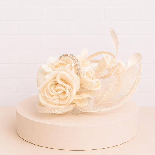 Birgitte Champagne Sinamay Hat with Shimmer Loops & Silk Feathers