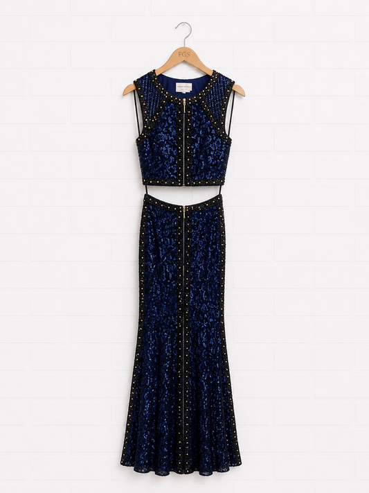 Cassandra Stone Sapphire Sequin Two-Piece Evening Gown — Size 4