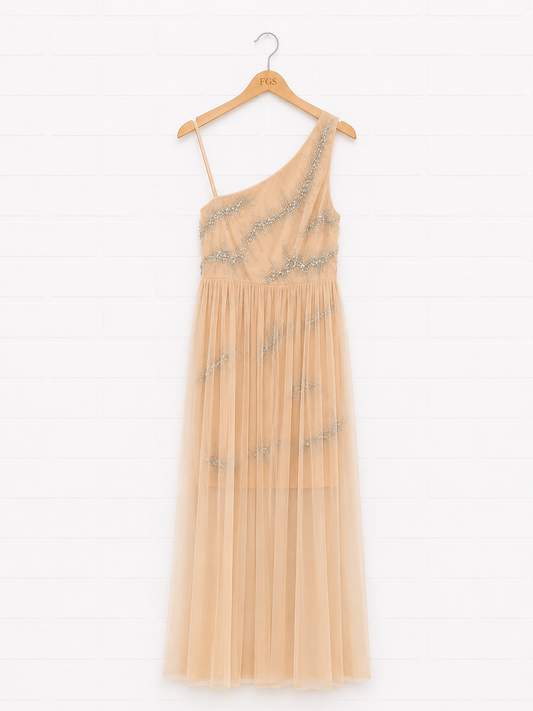 Aidan Mattox Hand-Beaded Mesh One-Shoulder Gown — Size 12