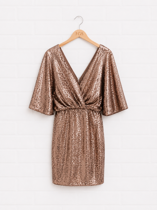 Aidan Mattox Bronze Sequin V-Neck Dolman Sleeve Mini Dress — Size 0