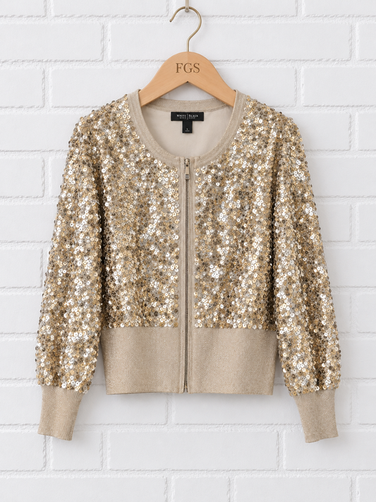 White House Black Market Sequin Knit Zip Front Bomber Cardigan