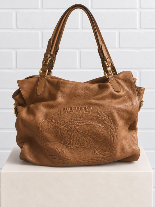 Burberry Embossed Leather Crest Hobo Tote – Brown