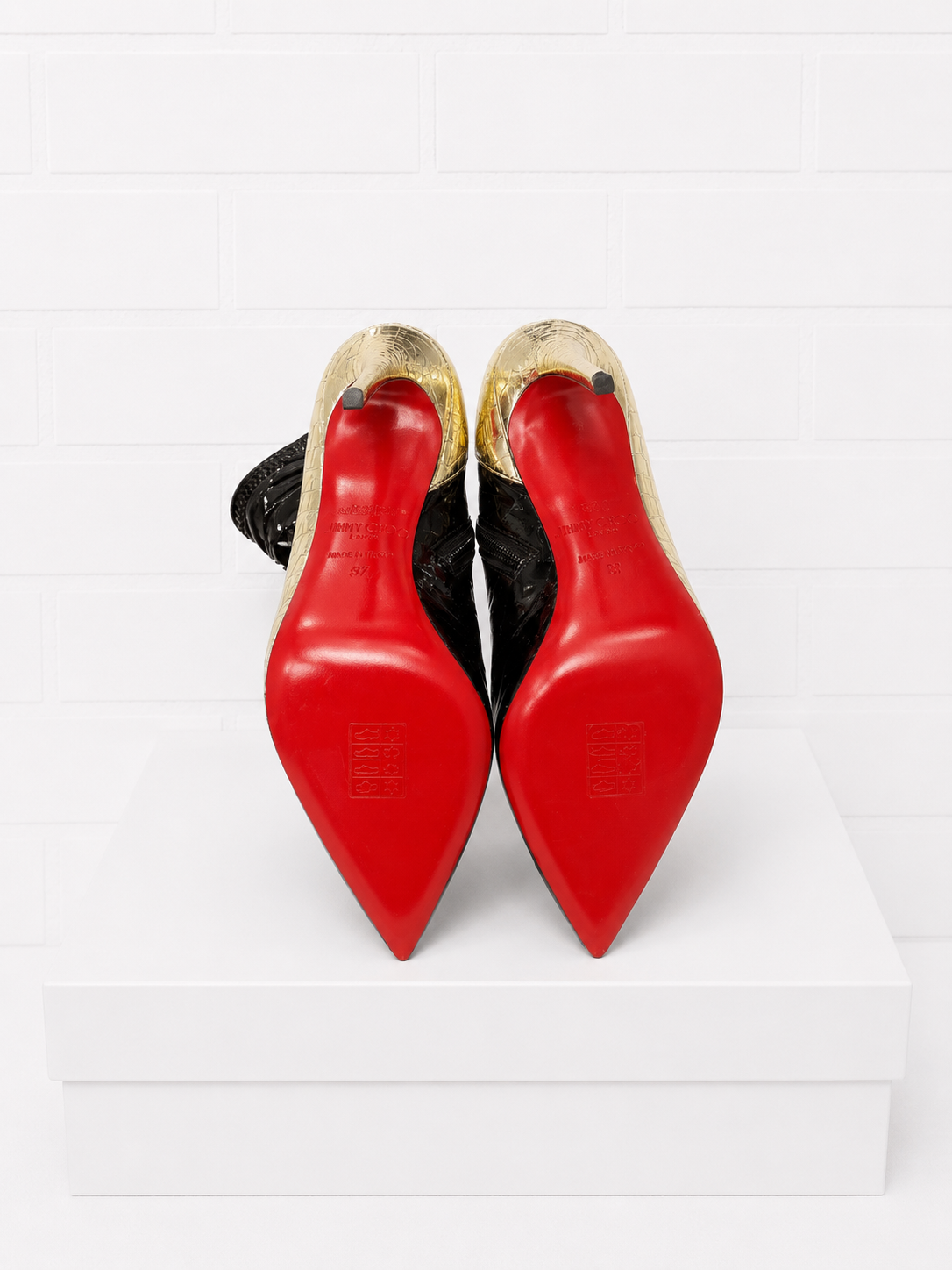 Christian Louboutin Bibooty 100 Platform Booties – Black & Gold- 38.5