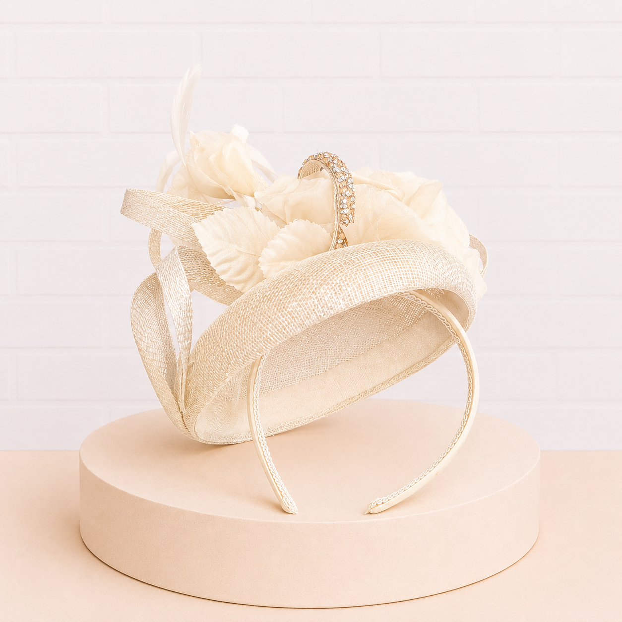 Birgitte Champagne Sinamay Hat with Shimmer Loops & Silk Feathers