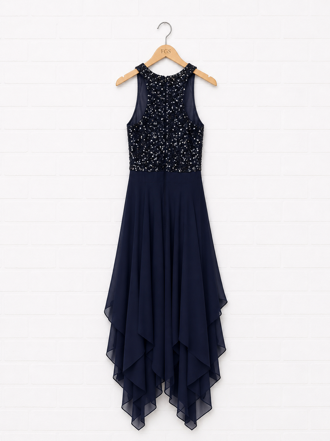Aidan Mattox Navy Sequin Handkerchief Hem Midi Dress — Size 4
