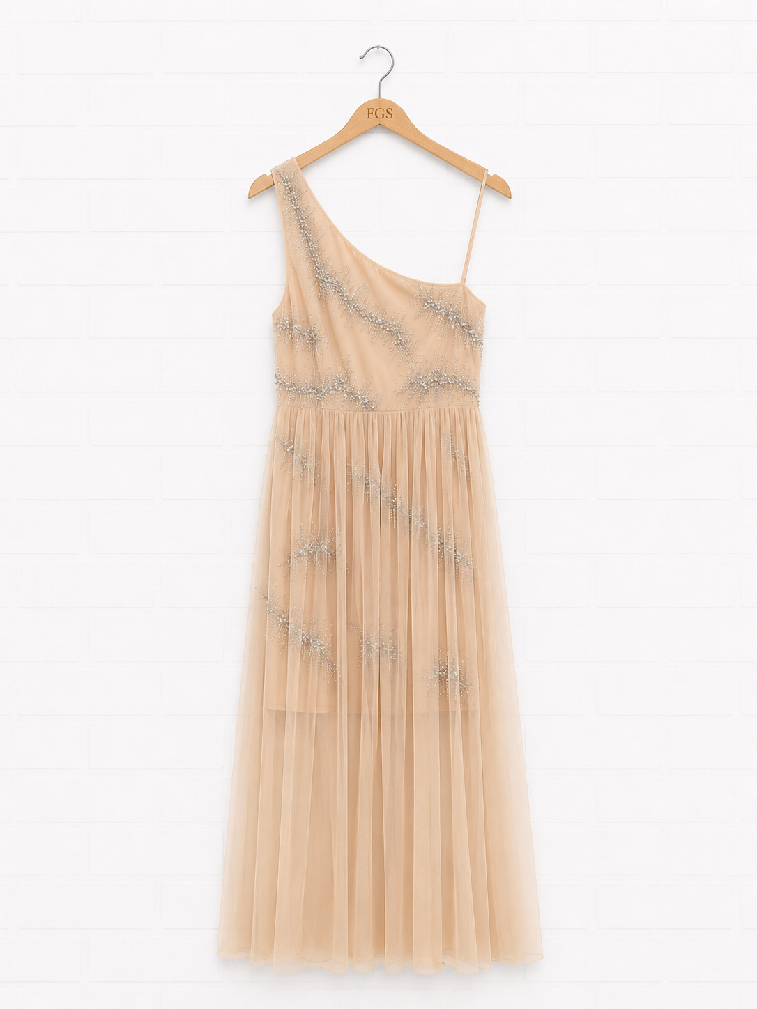 Aidan Mattox Hand-Beaded Mesh One-Shoulder Gown — Size 12