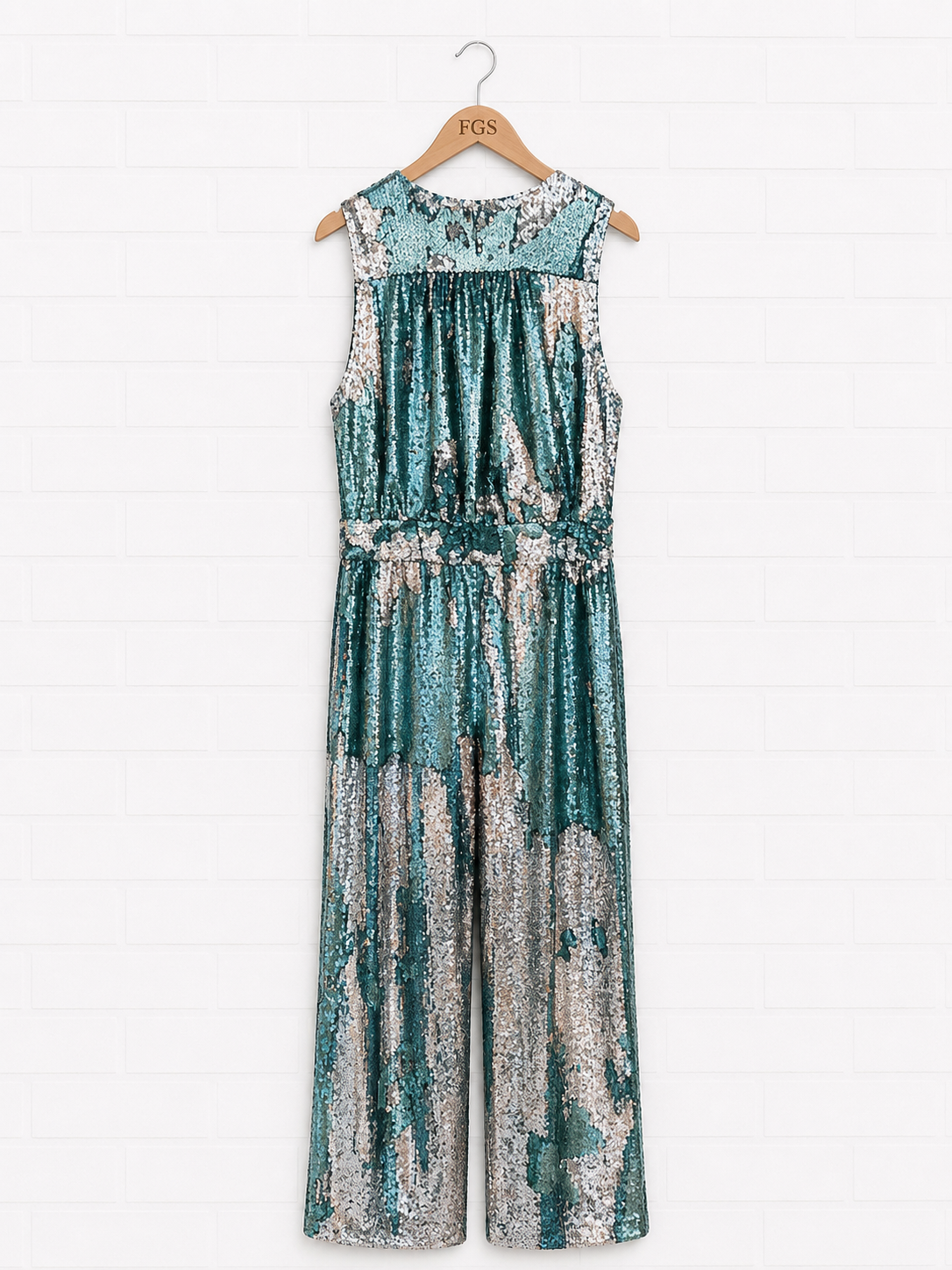 Carolina Ritzler Paris Green Metallic Sequin Wide-Leg Jumpsuit — Size 42