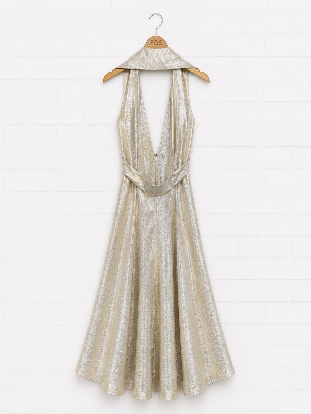 THEIA Metallic A-Line Halter Belted Gown — Size 16