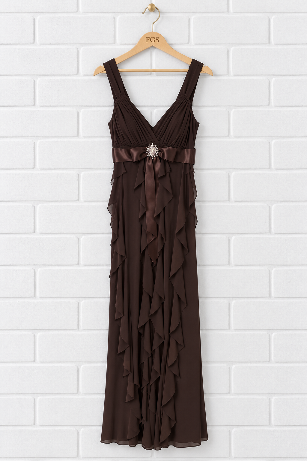 Betsy & Adam by Linda Bernell Vertical Ruffle Brooch Gown- 8