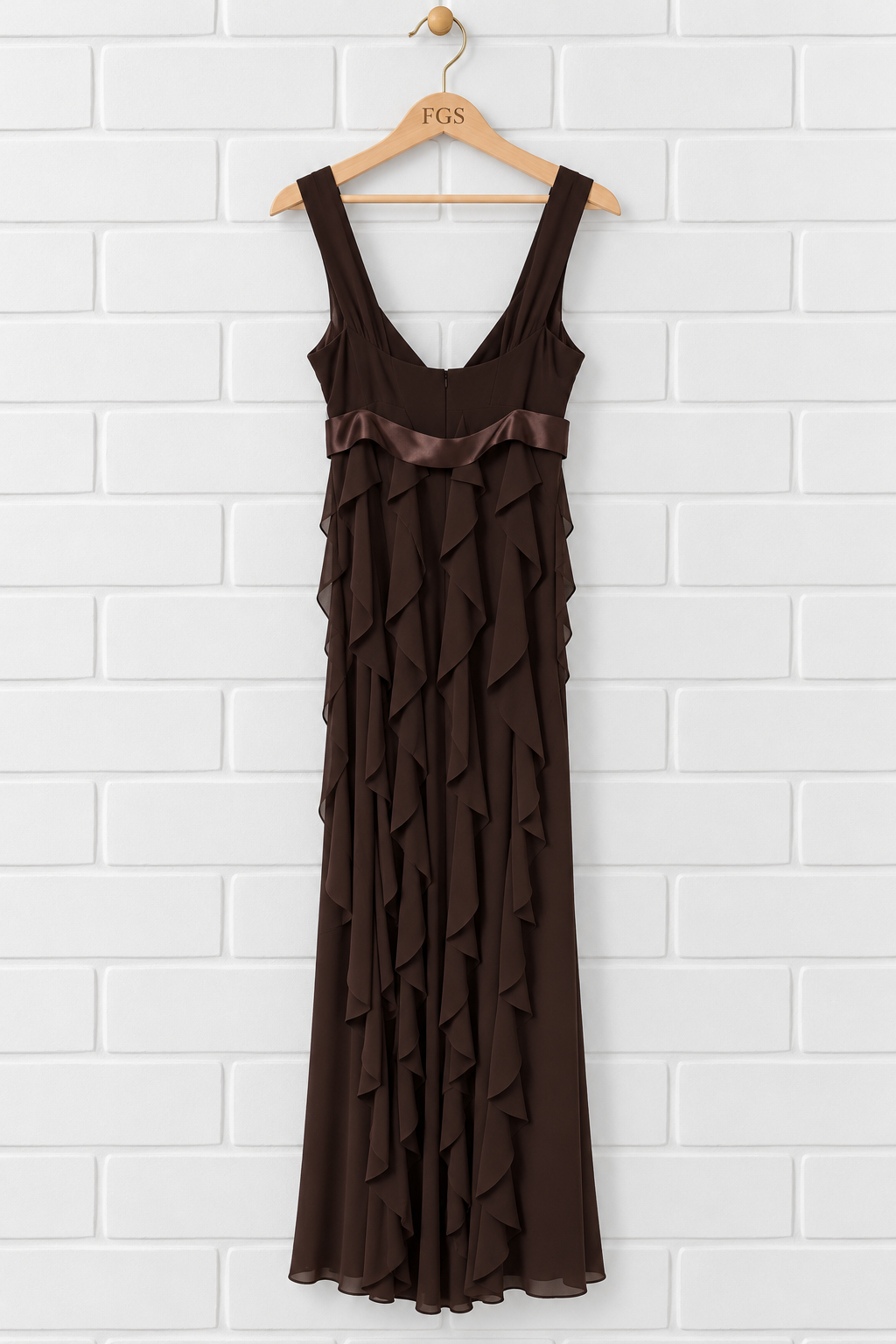 Betsy & Adam by Linda Bernell Vertical Ruffle Brooch Gown- 8