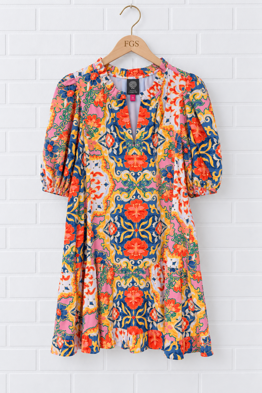 Vince Camuto Printed Ruffle Neck Tie-Waist A-Line Dress- 12