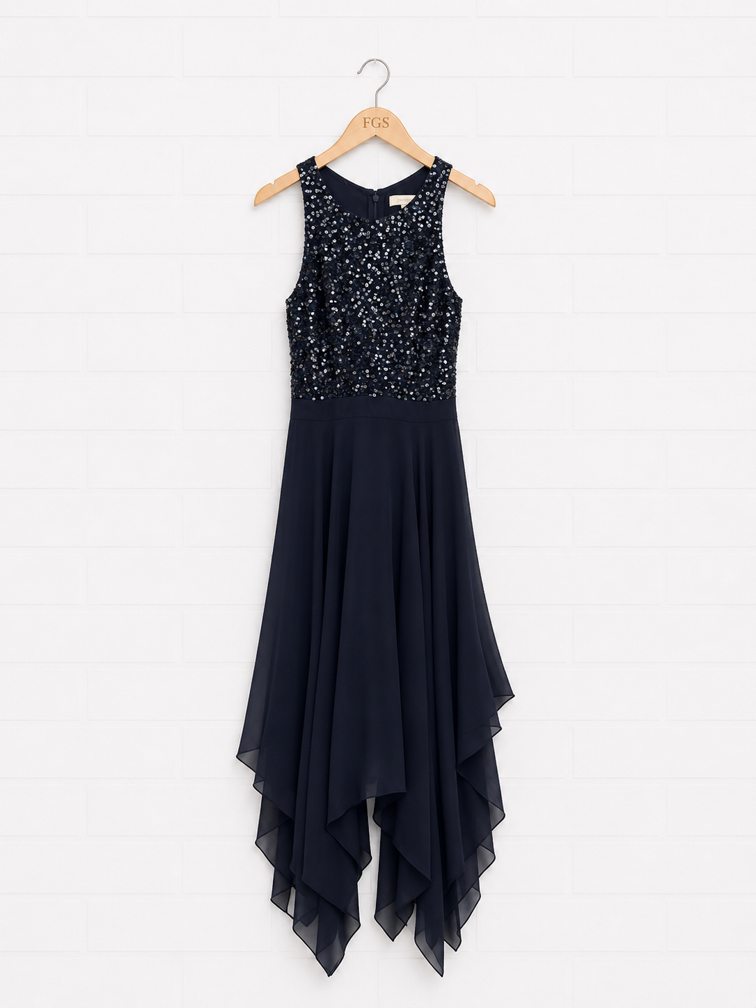 Aidan Mattox Navy Sequin Handkerchief Hem Midi Dress — Size 4