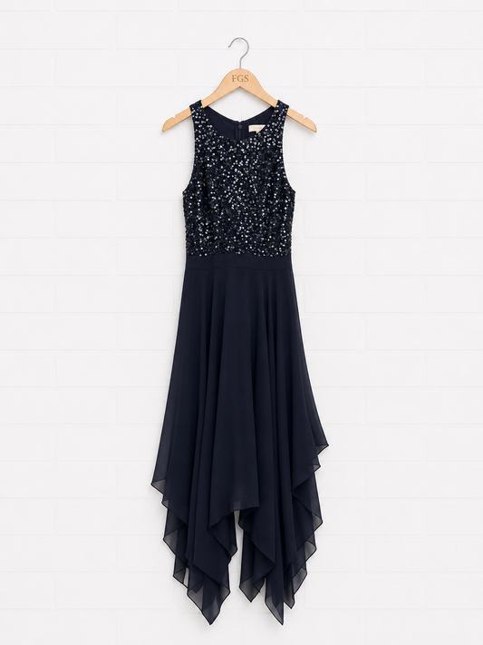 Aidan Mattox Navy Sequin Handkerchief Hem Midi Dress — Size 4