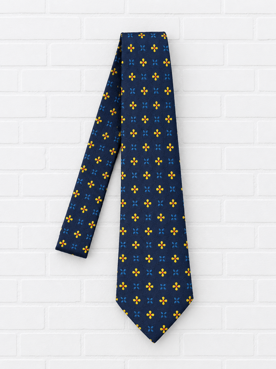 Valentino Geometric Floral Silk Necktie – Navy Blue & Yellow