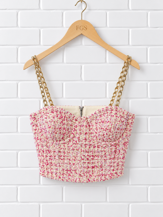 Alice + Olivia Cristi Chain Strap Tweed Crop Top- 8