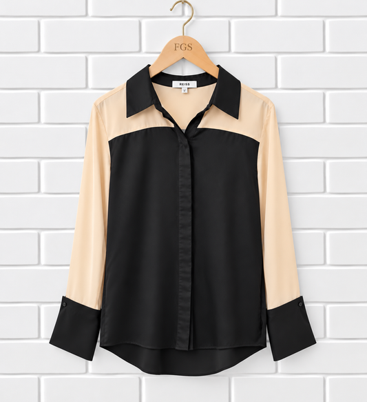 Reiss 100% Silk Color Block Button-Up Shirt- 10