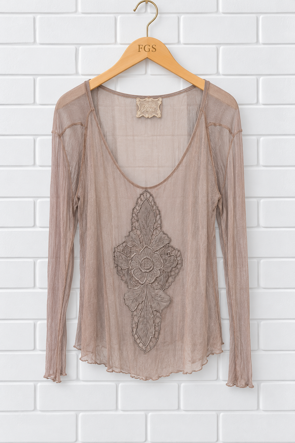 Bonnie Strauss Sheer Silk Lace Appliqué Asymmetric Blouse- M